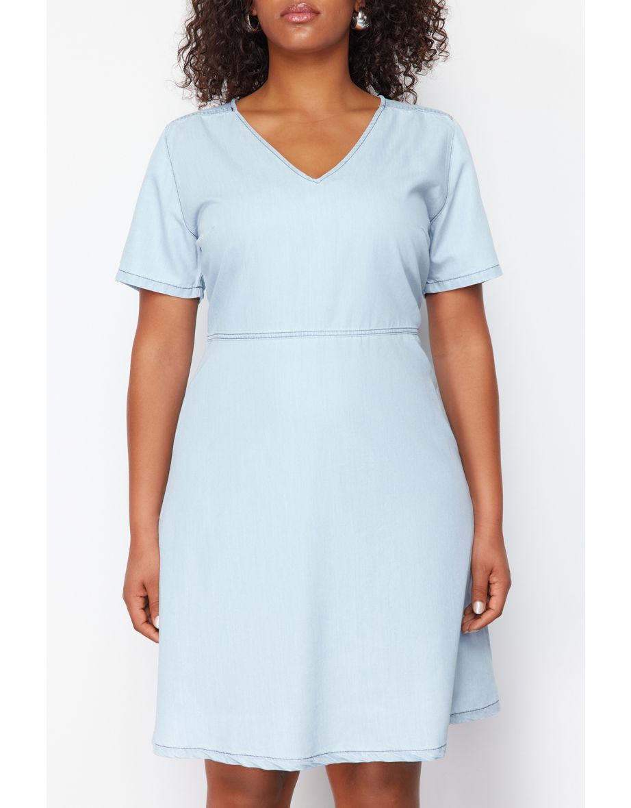 Light Blue V-neck Tencel Mini Denim Dress - 7