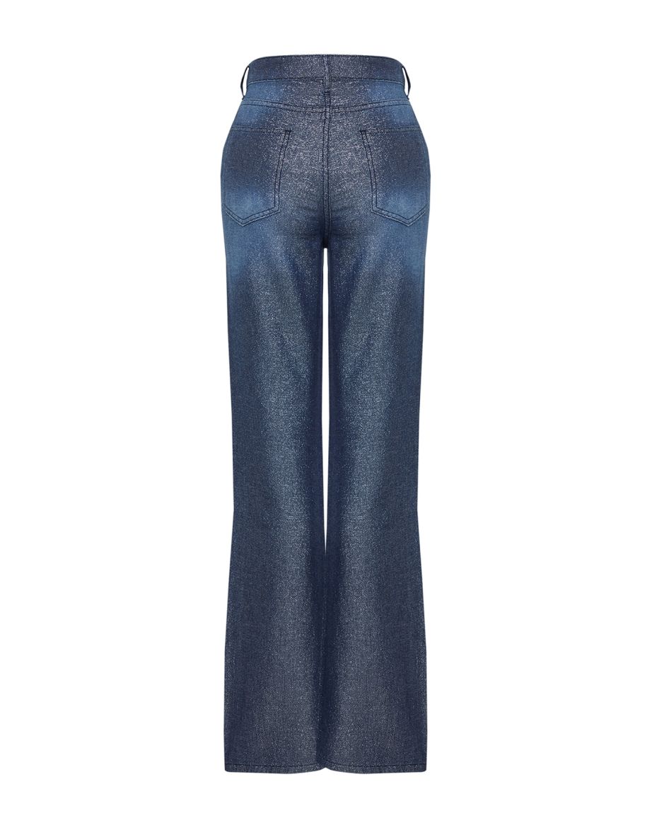 Dark Blue Metallic Shiny High Waist Wide Leg Jeans - 7