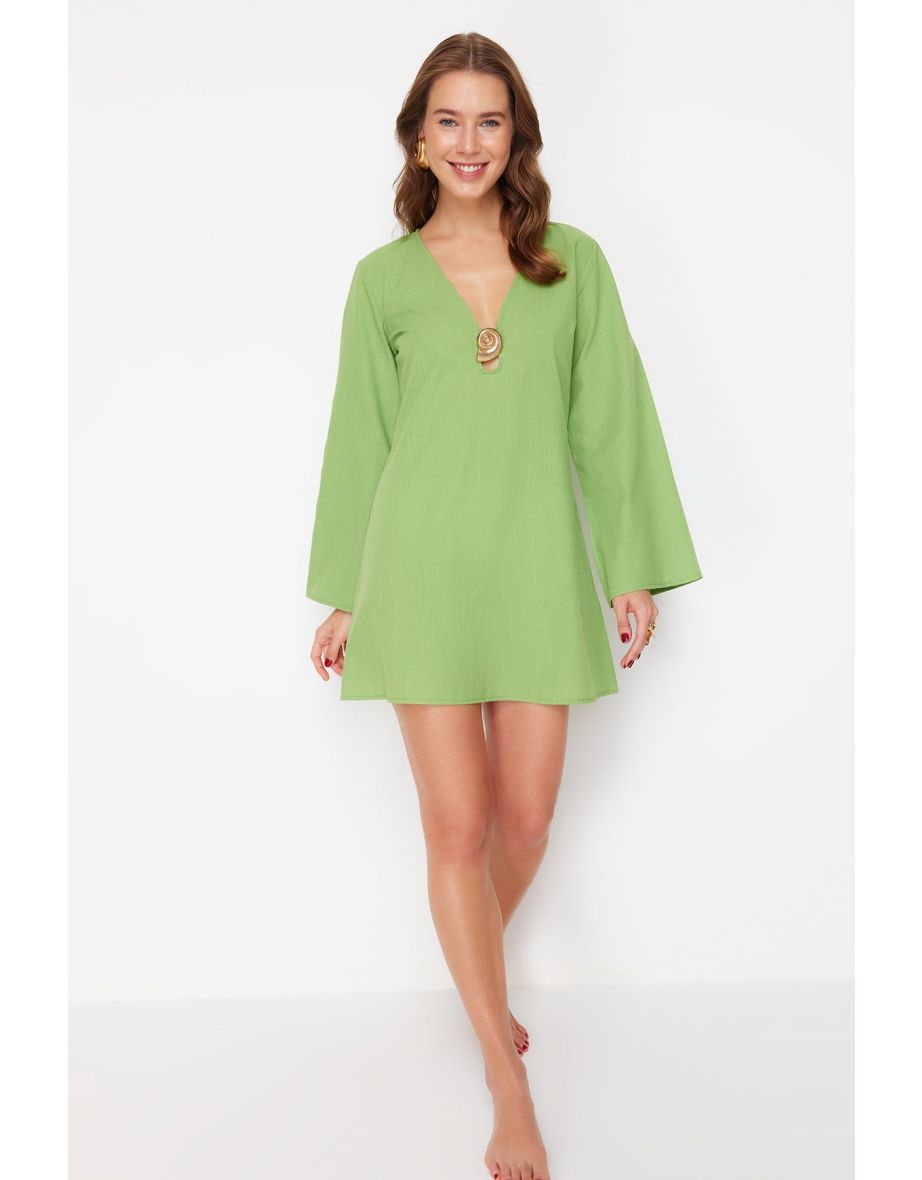 Green Mini 100% Cotton Beach Dress with Woven Accessories