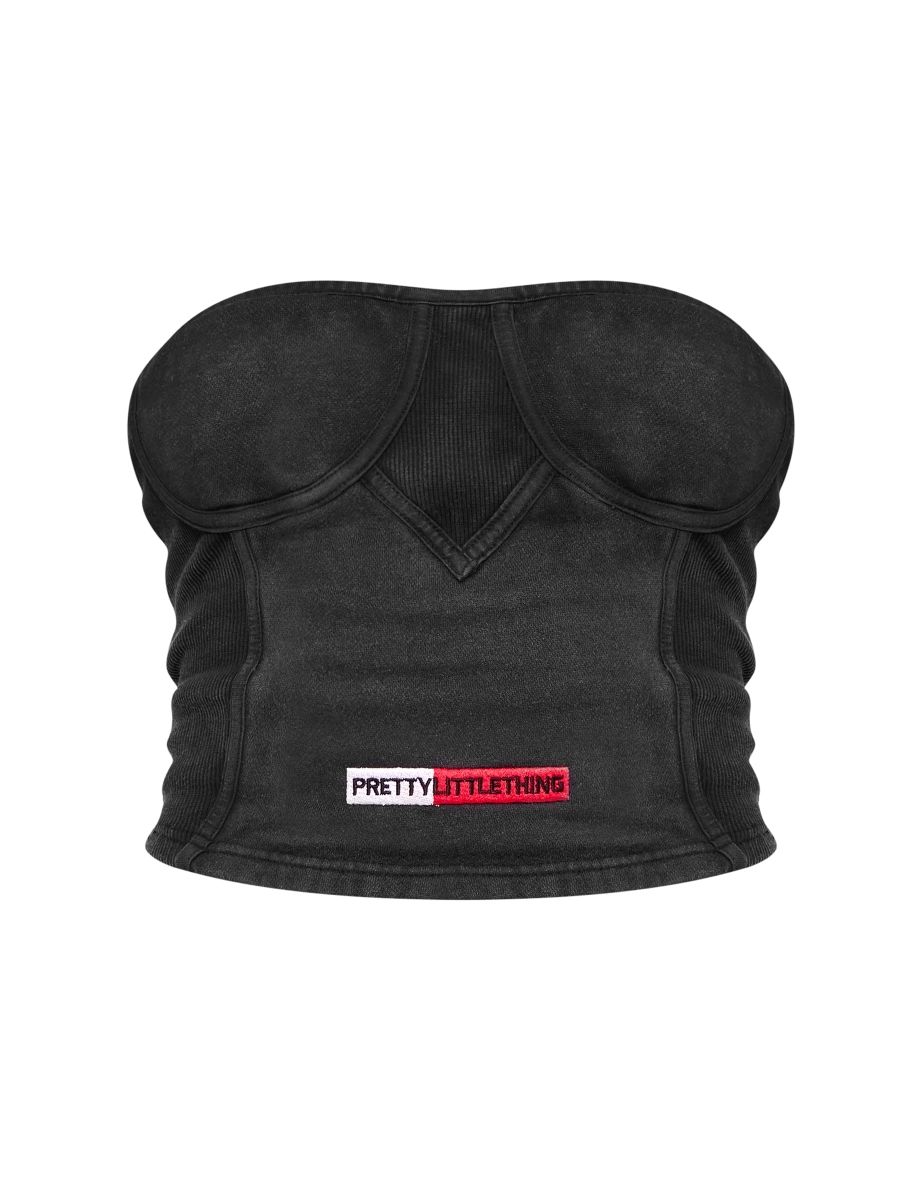 PRETTYLITTLETHING Washed Black Rib Panel Bandeau Corset Top - 4