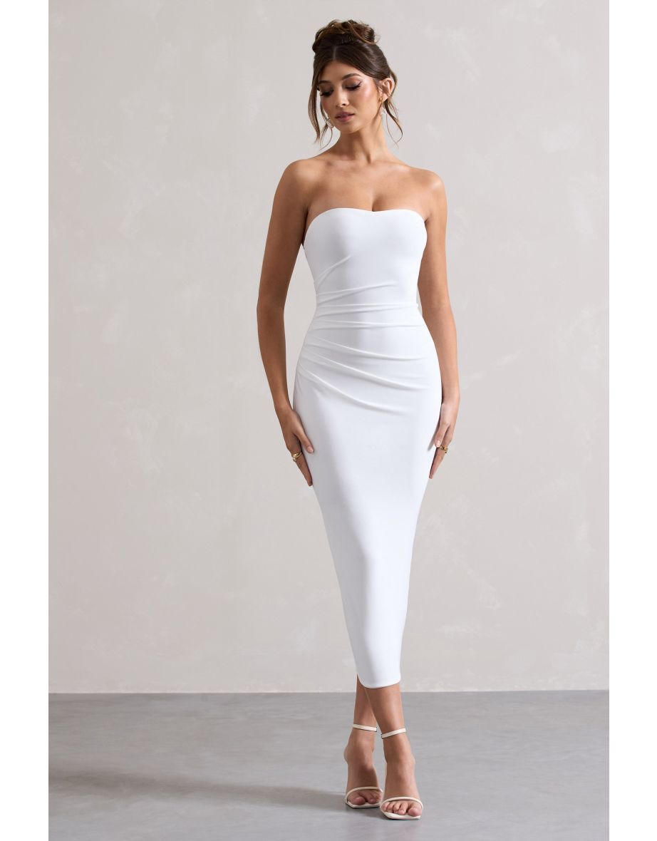 East End | White Strapless Gathered Midi Dress - 4