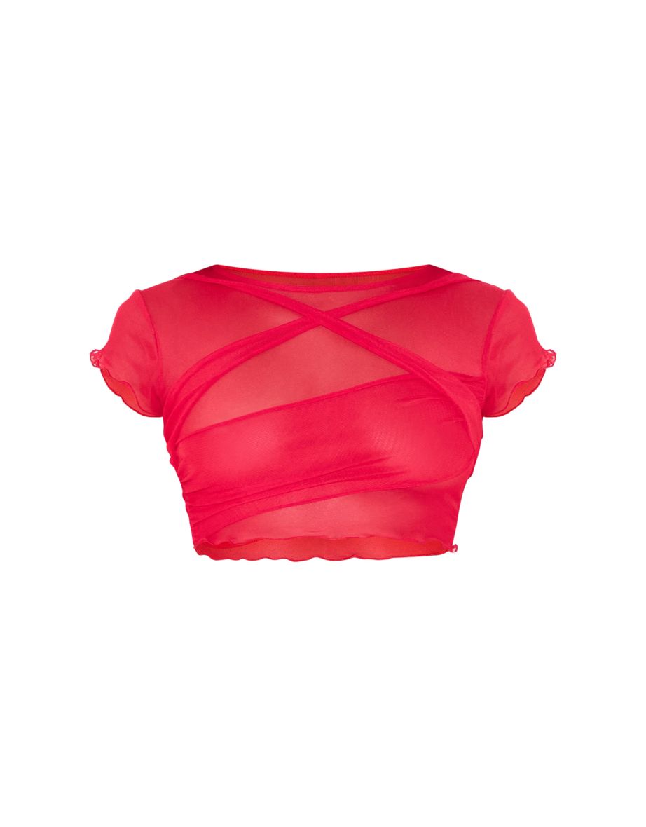 Red Mesh Asymmetric Panel Crop Top - 4