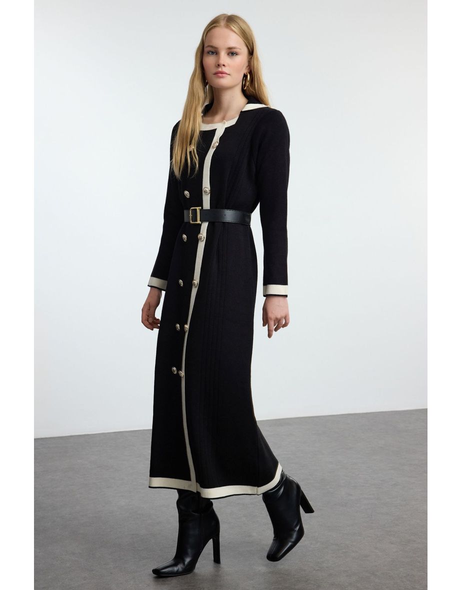 Black Belted Knitwear Color Block Dress