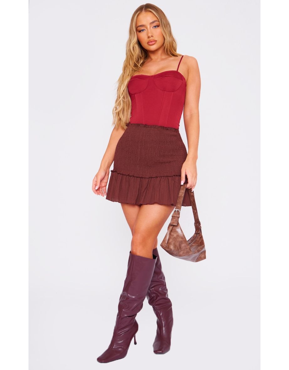 Chocolate Shirred Waistband Crinkle Woven Mini Skirt