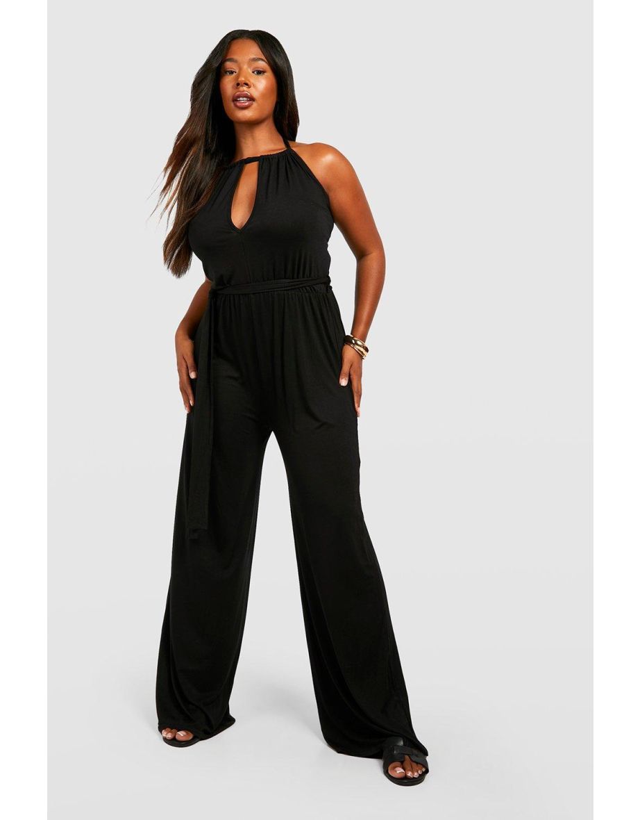 Plus Jersey Key Hole Belted Jumpsuit - black