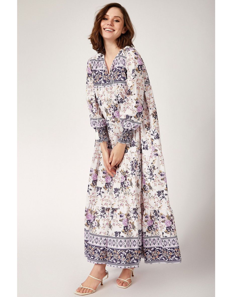 Women's Purple Sleeve Gathered Robe Flower Patterned Dress