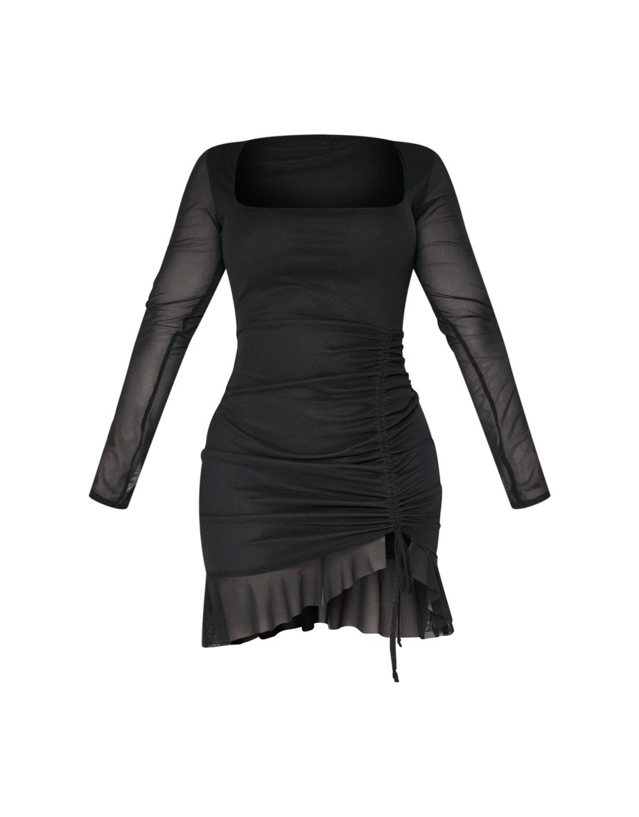 Shape Black Long Sleeve Mesh Ruched Side Frill Hem Bodycon Dress - 4