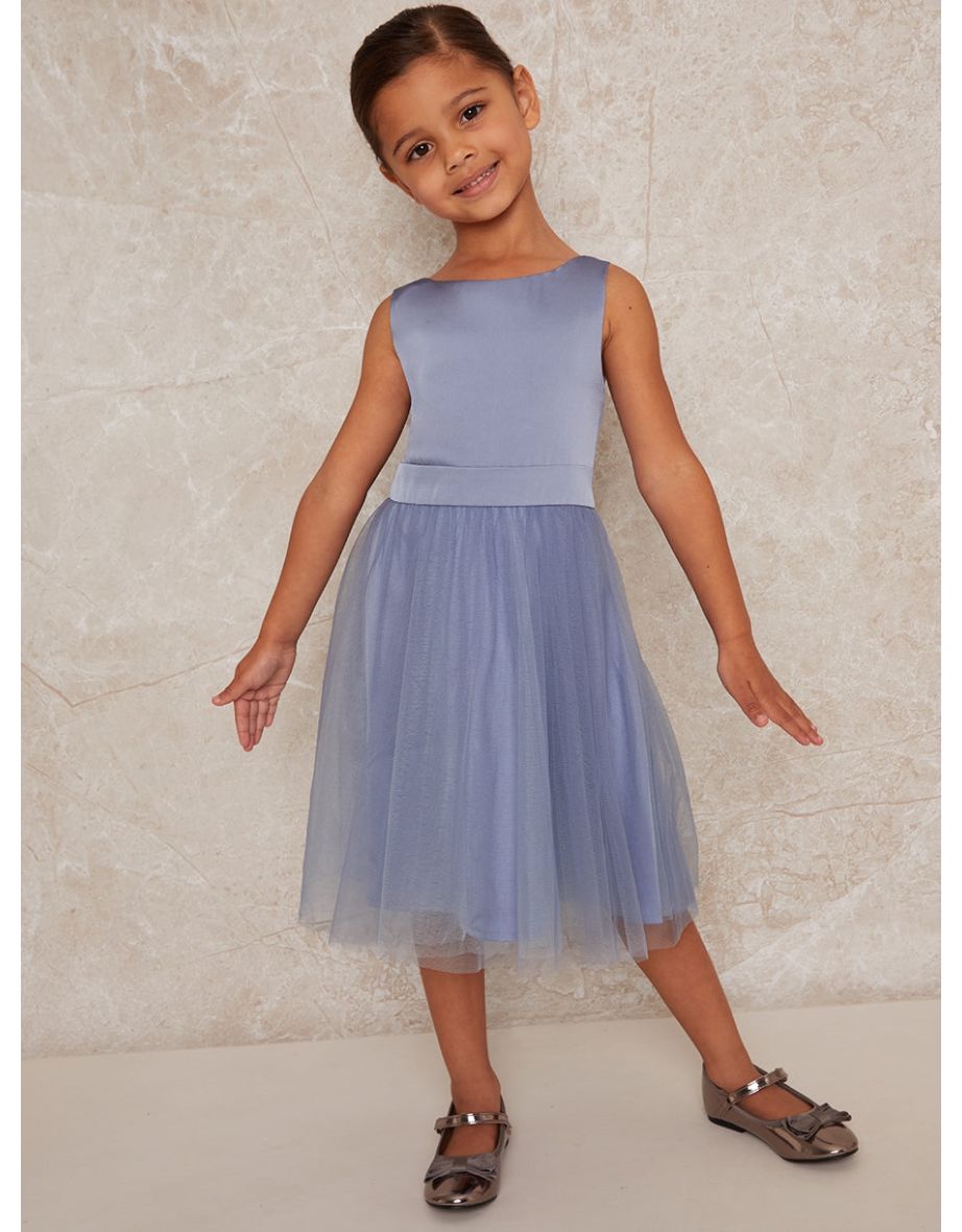 Younger Girls Satin Bodice Tulle Midi Dress In Blue