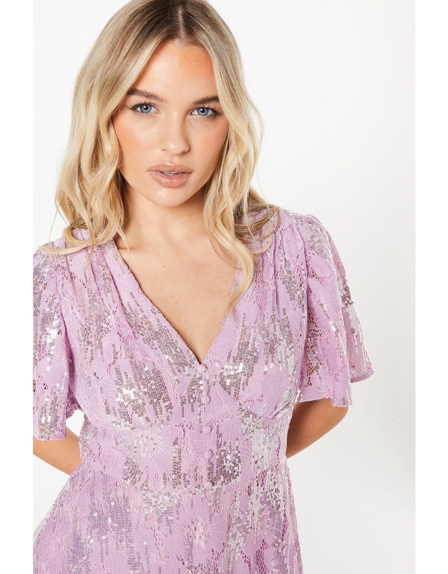 Petite Sequin Lace V Neck High-low Midi Dress - 3