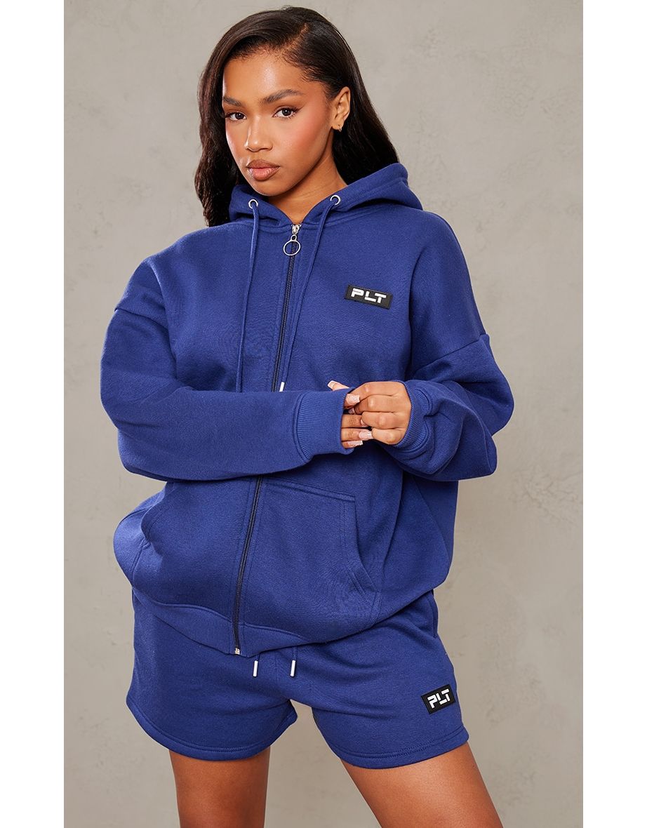 PRETTYLITTLETHING Navy Badge Oversized Zip Up Hoodie
