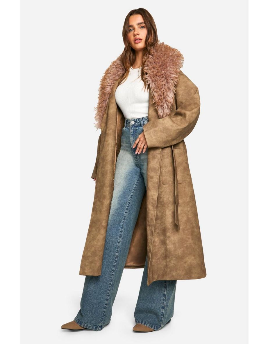 Faux Fur Collar Vintage Look Faux Leather Trench Coat