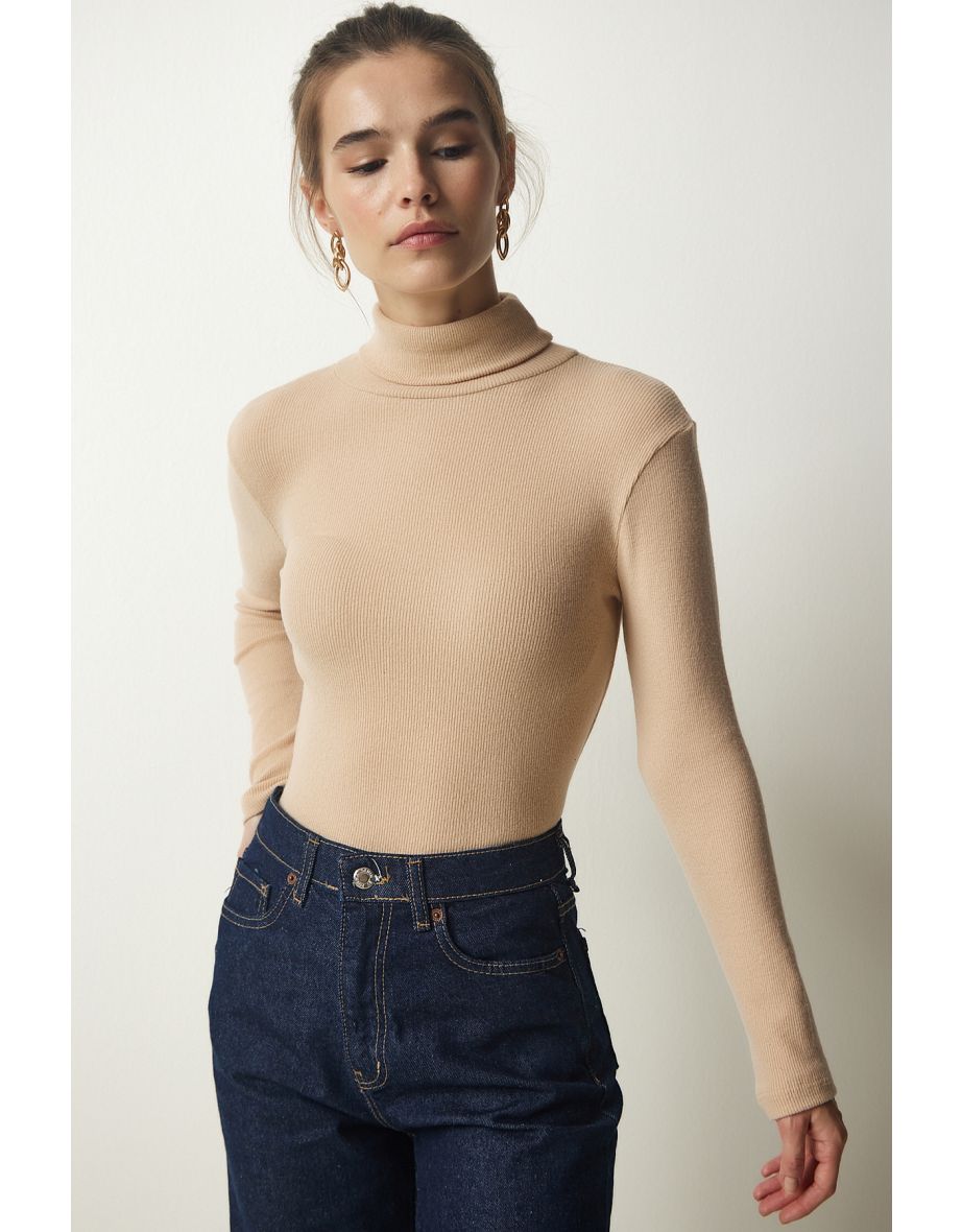 Women's Beige Turtleneck Ribbed Knitted Blouse