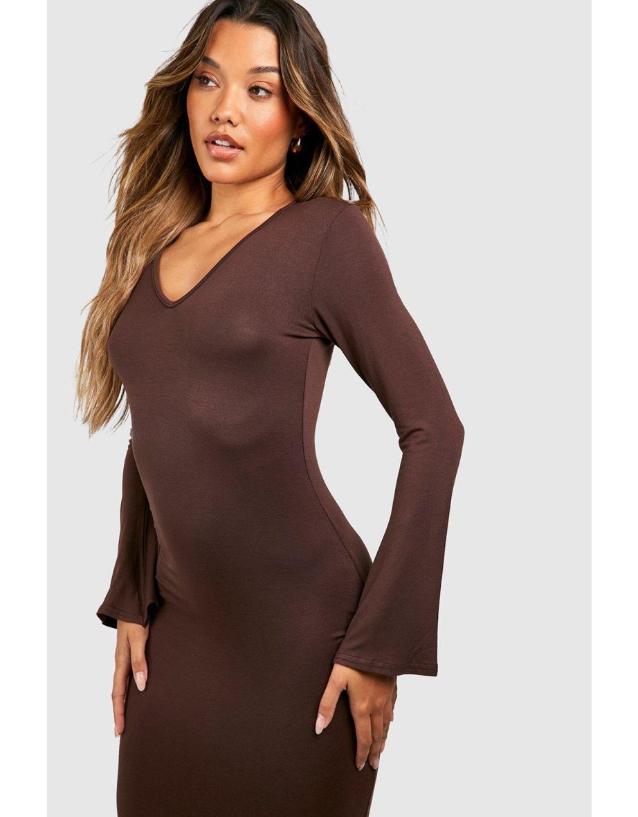 Plunge Flare Sleeve Midaxi Dress - chocolate - 3