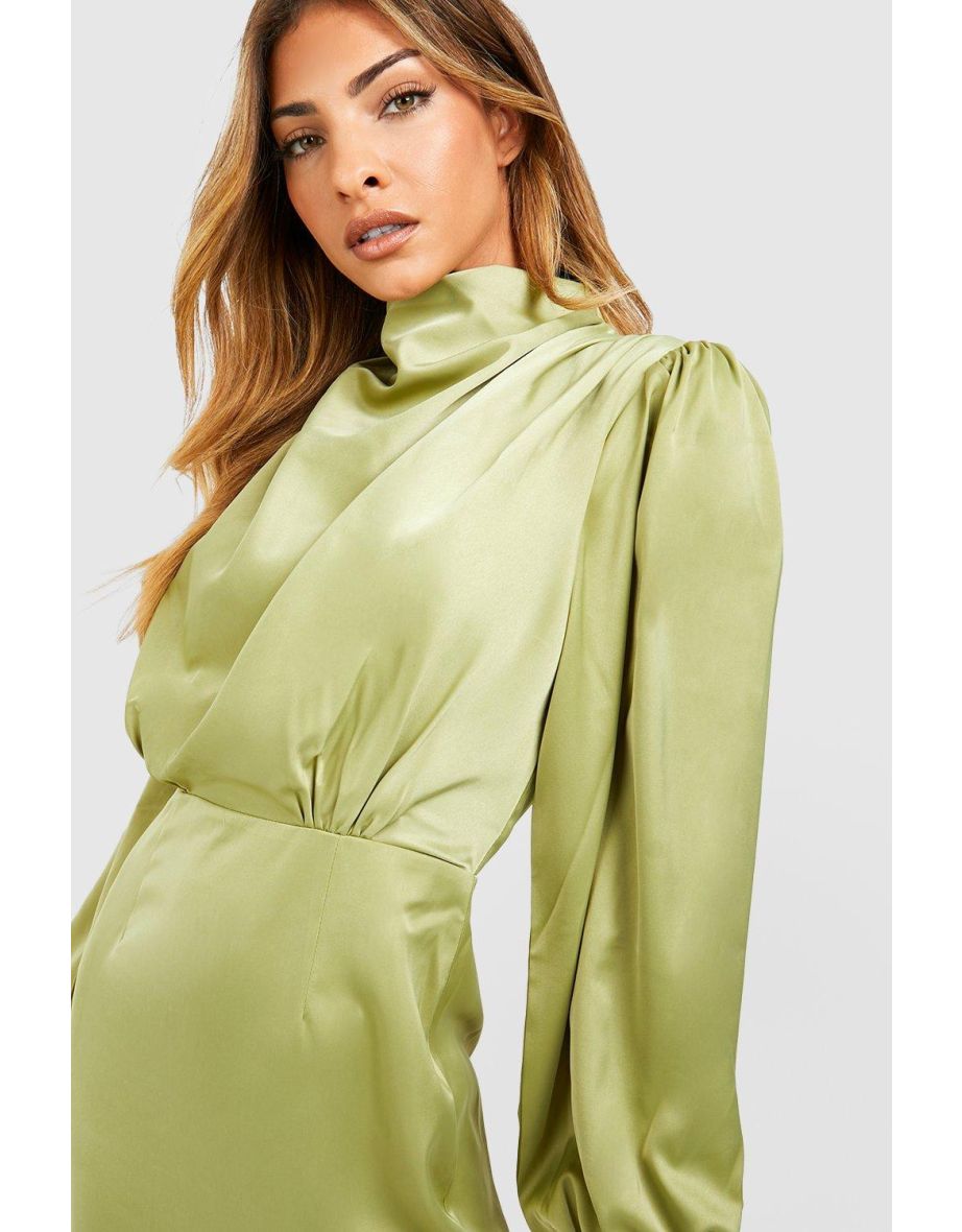 Green Satin Column Maxi Party Dress with Long Sleeve - 3