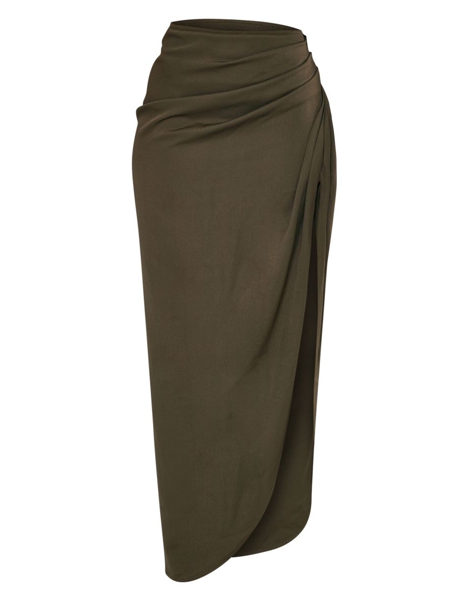 Khaki Woven Ruched Skirt Midi Skirt - 4