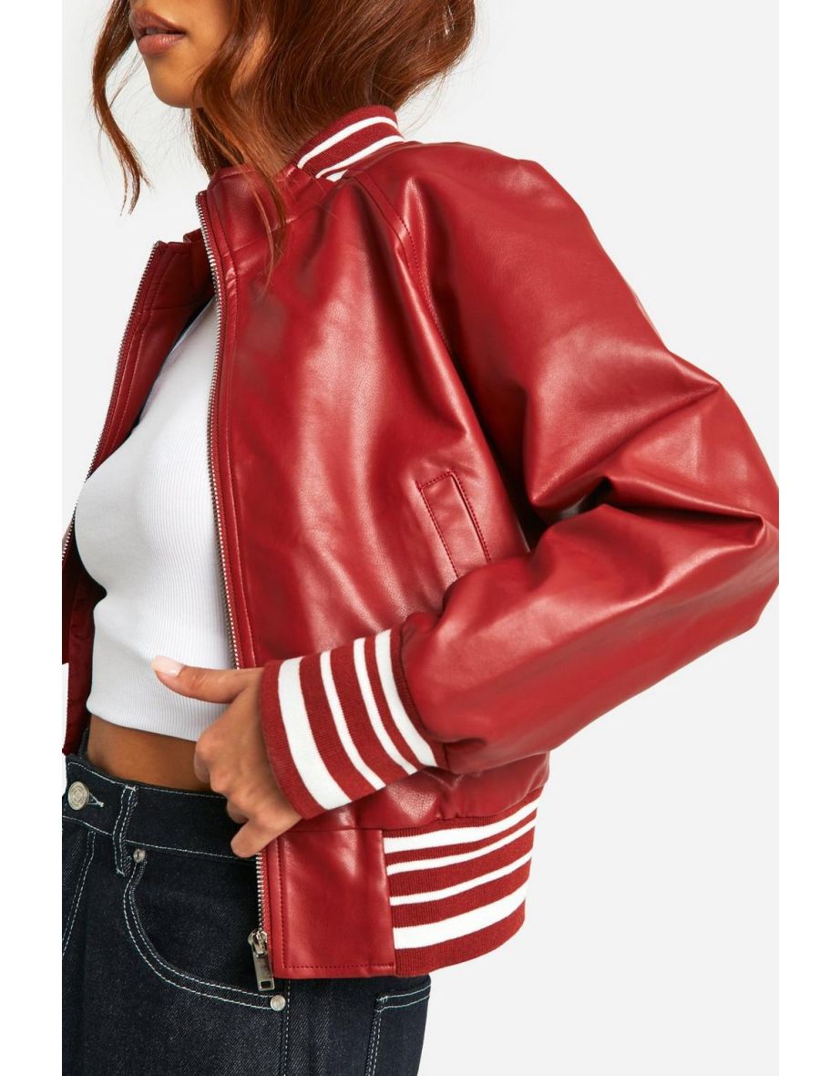 Stripe Rib Faux Leather Bomber Jacket - dark red - 3