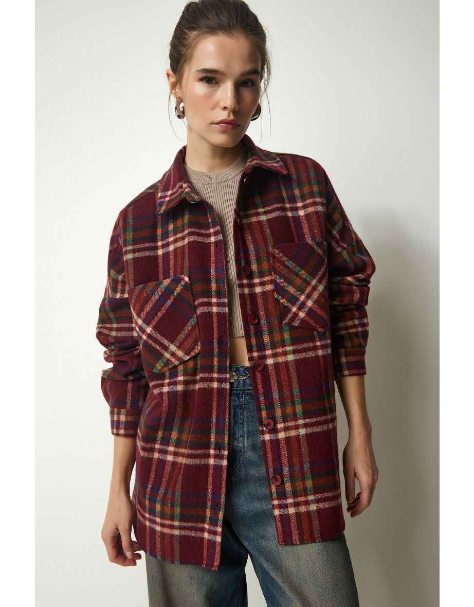 Women's Burgundy Patterned Oversize Cachet Lumberjack Shirt
