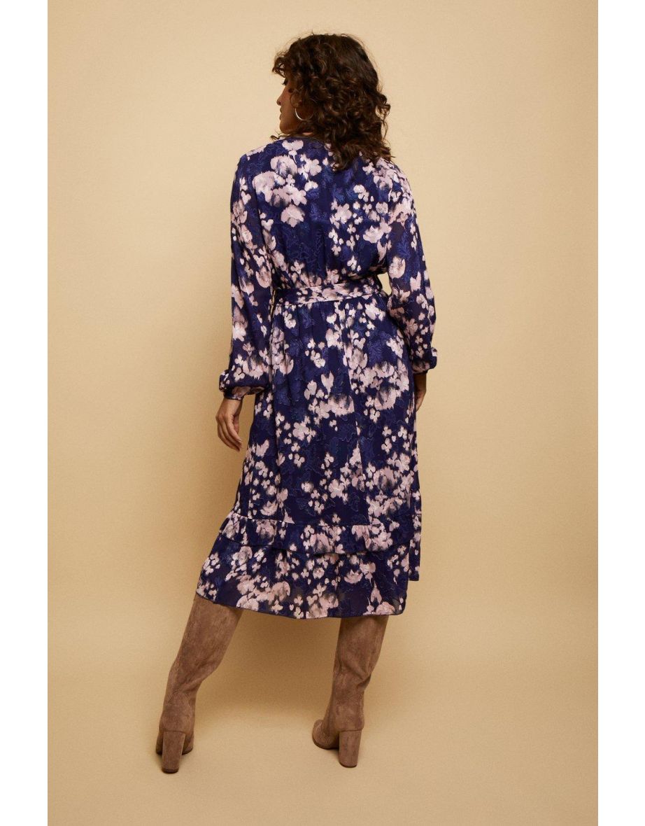 Jacquard Floral Wrap Midi Dress - 2