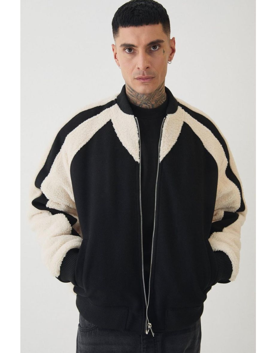 Shop Tall Limited Applique Borg And Melton Bomber Jacket In Black Online in Qatar VogaCloset