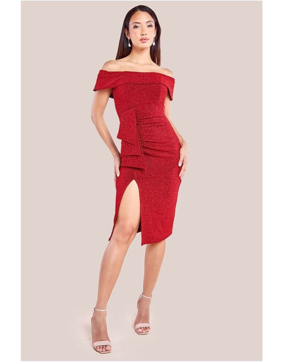 Goddiva Lurex Bardot Midi With Waterfall Ruffle - Red