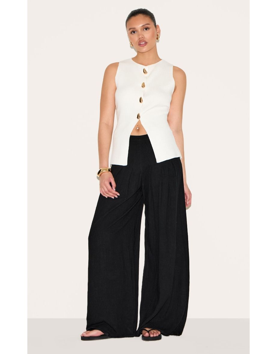 Black Linen Blend Floaty Pin Tuck Wide Leg Trousers