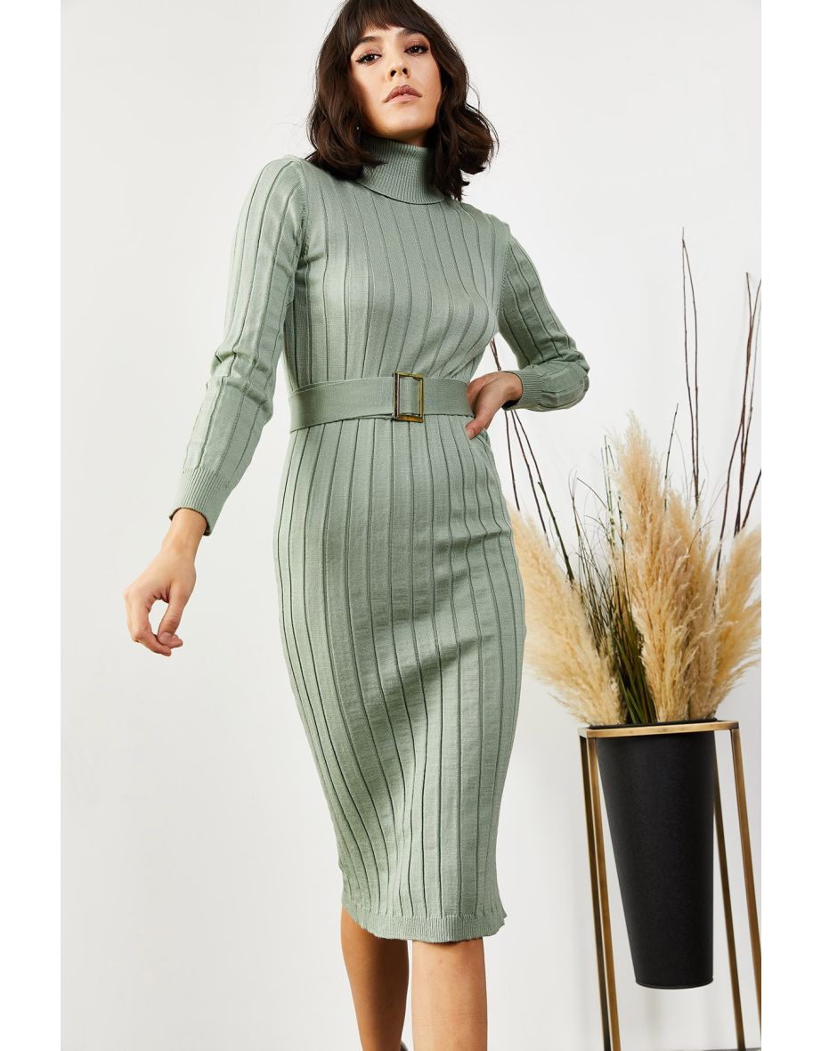 Women's Aquatic Green with a Belt, Thick Ribbed Sweater Dress