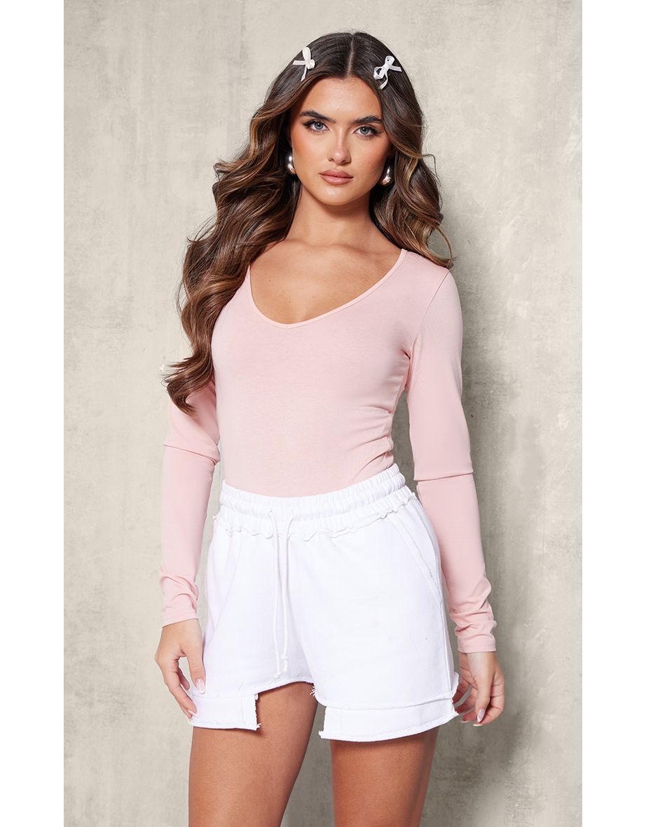 Dusty Pink Cotton V Neck Long Sleeve Bodysuit