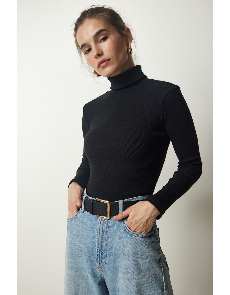 Women's Black Turtleneck Ribbed Knitted Blouse
