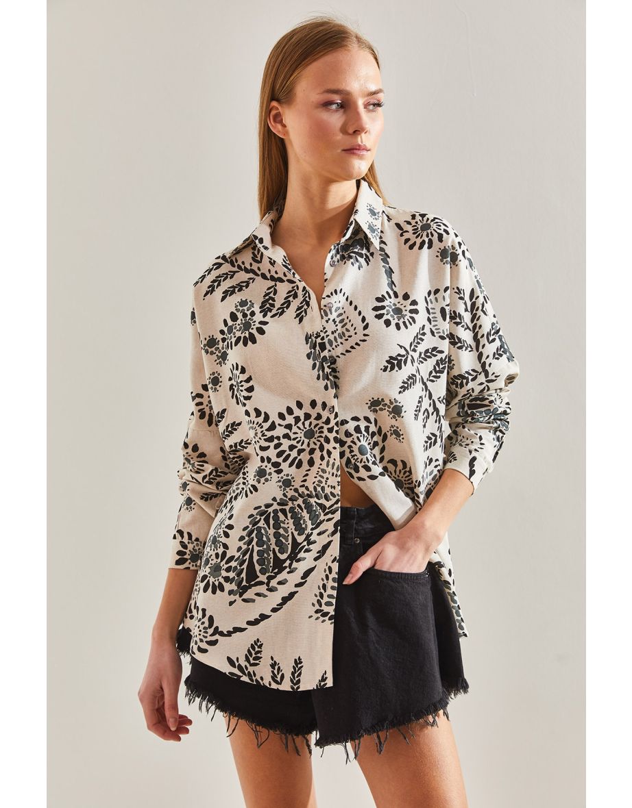 Women's Large Leaf Patterned Loose Linen Shirt - 4