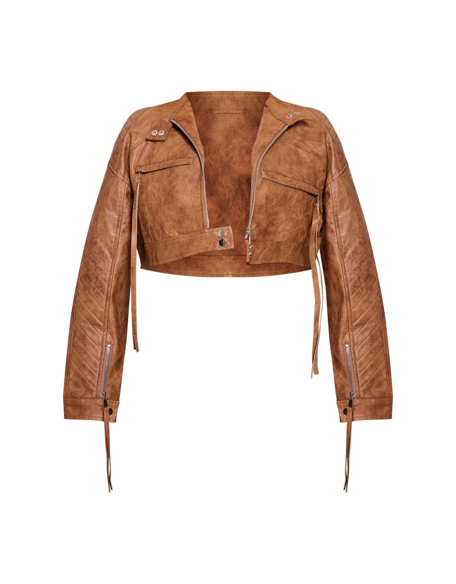 Brown Faux Leather Distressed Cropped Biker Jacket - 4