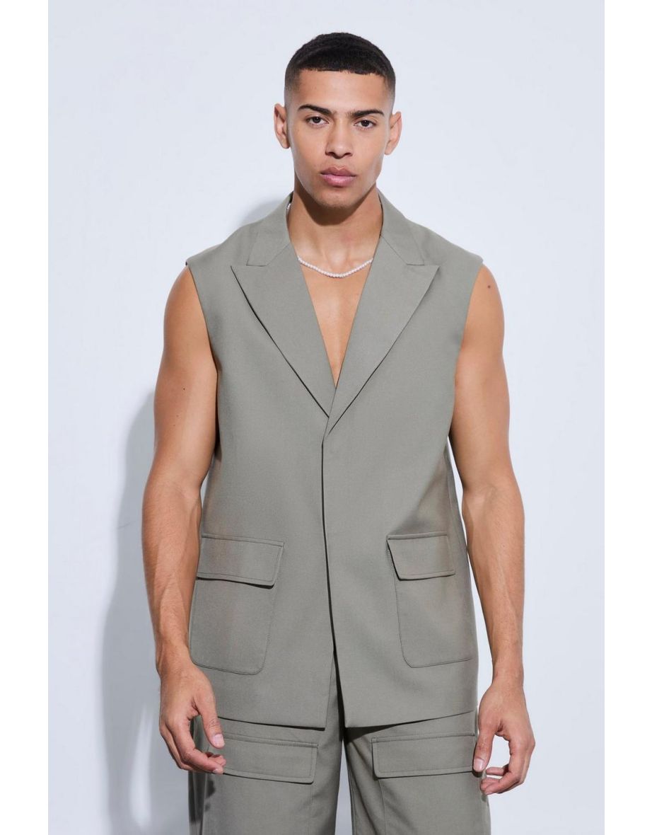 Oversized Cargo Sleeveless Blazer - khaki