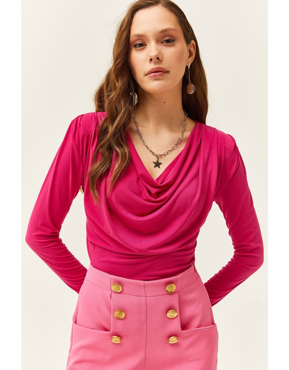 Women's Fuchsia Waistband Pleated Turndown Collar Blouse