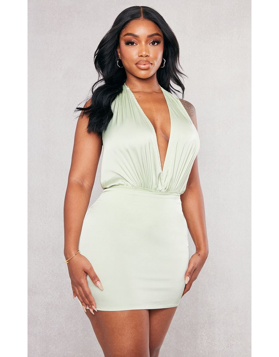 Shape Sage Green Satin Ruched Halterneck Bodysuit