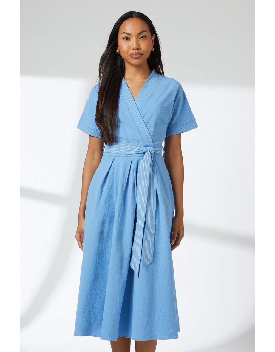 Contrast Stitch Cotton Belted Midi Dress