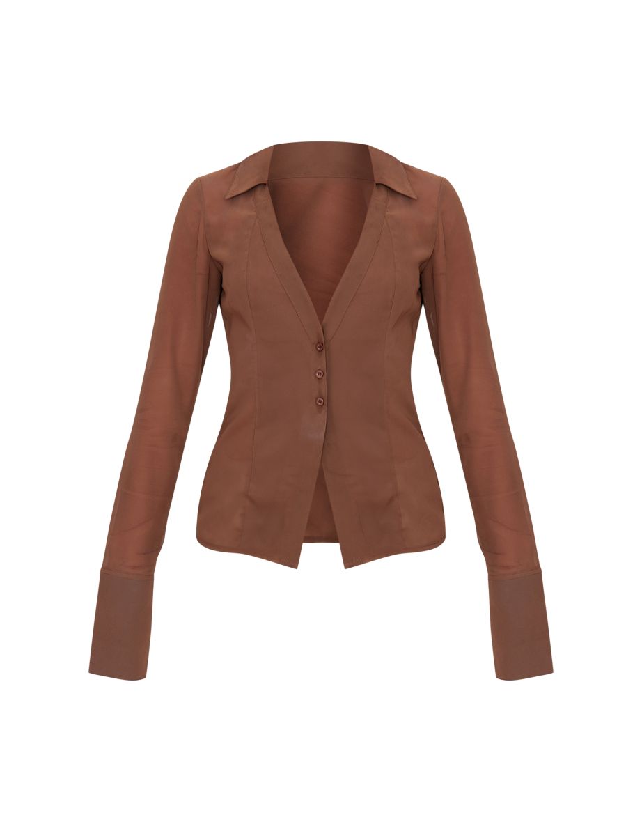 Tall Chocolate Mesh Button Front Blouse - 4