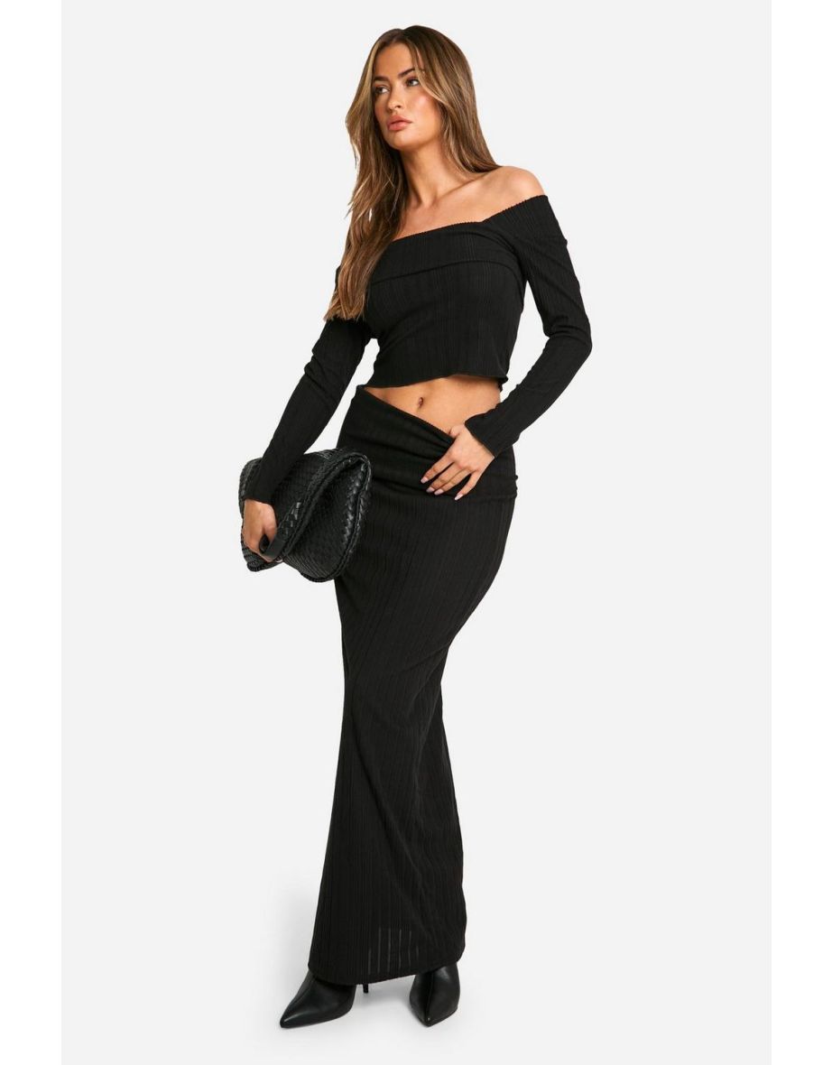 Brushed Rib Fold Over Waistband Maxi Skirt - black
