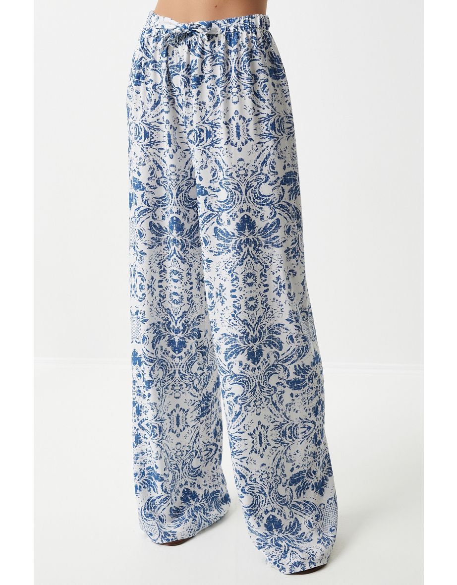 Women's Blue White High Waist Summer Wide Viscose Pants - 4