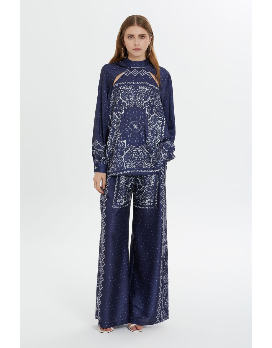 Raglan Sleeve Patterned Navy Blouse
