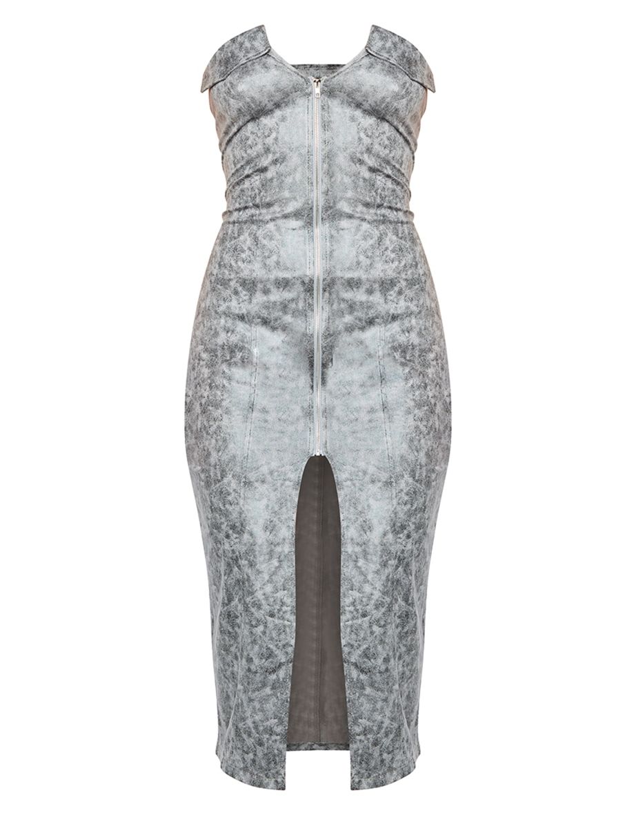 Charcoal Acid Wash Faux Suede Bandeau Zip Through Midi Dress - 4
