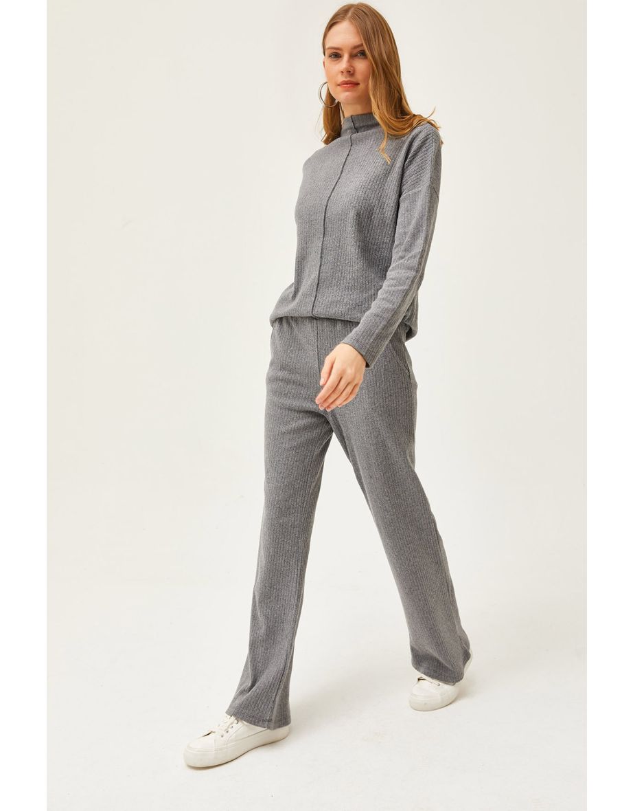 Women's Smoky Bottom Pocket Trousers Top High Neck Blouse Raised Suit