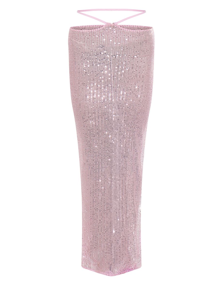 Baby Pink Sheer Sequin Tie Waist Maxi Skirt - 4