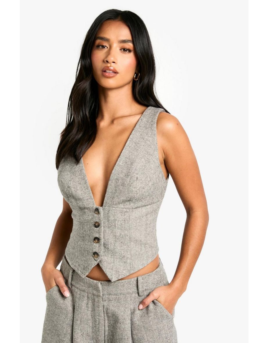 Petite Herringbone Wool Look Waistcoat - grey