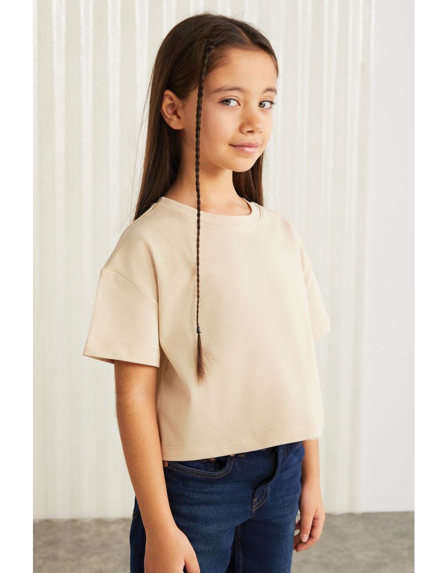 HEIDA-GRM24022- 100% cotton trim label girls kids short sleeve tshirt kids tshirt Beige T-Shirt - 4