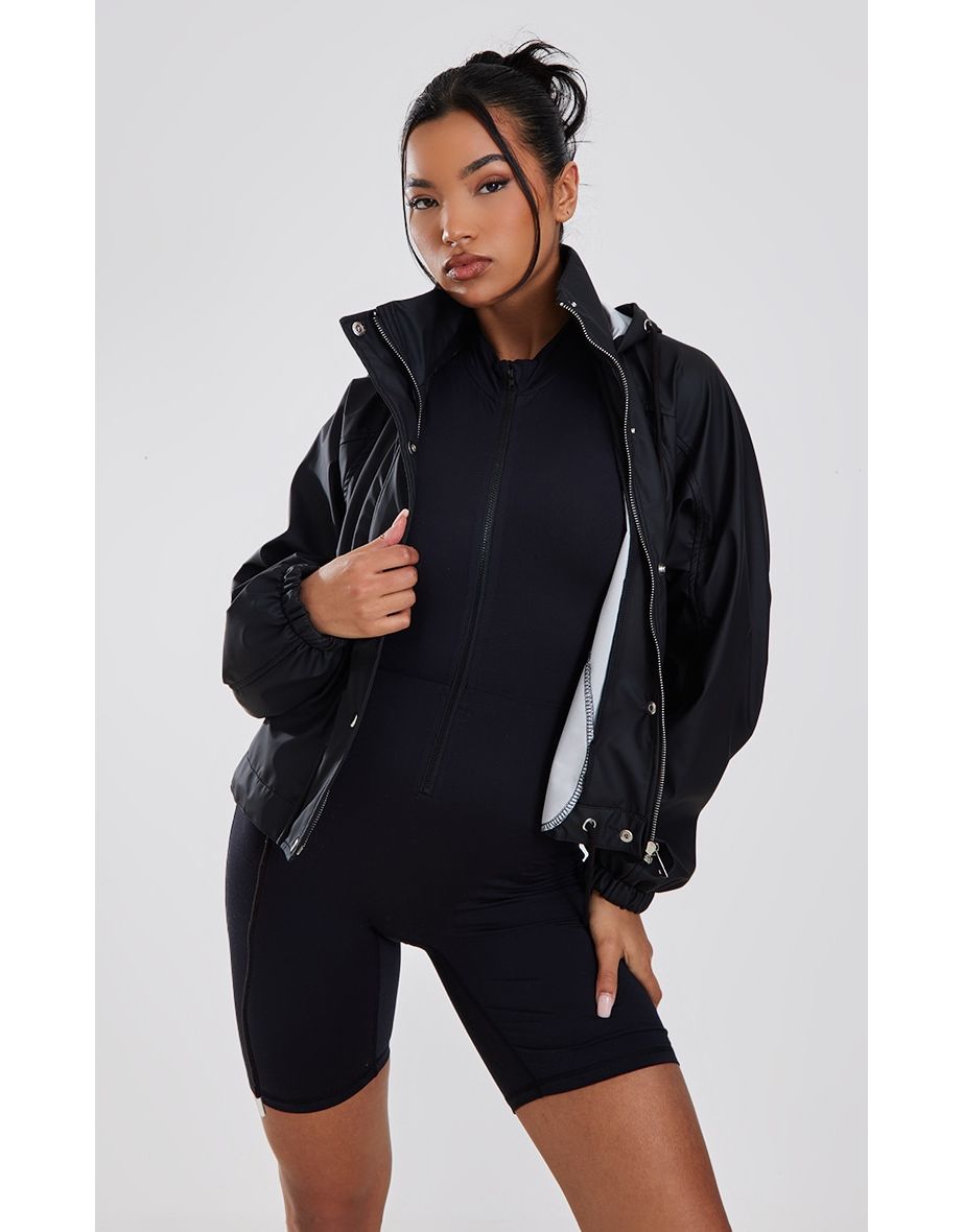 Black Rubberised Hooded Drawstring Jacket