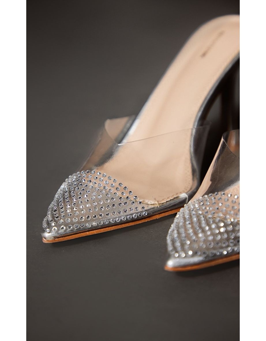 Silver Vinyl Point Toe Diamante Contrast High Heeled Court Mules - 3