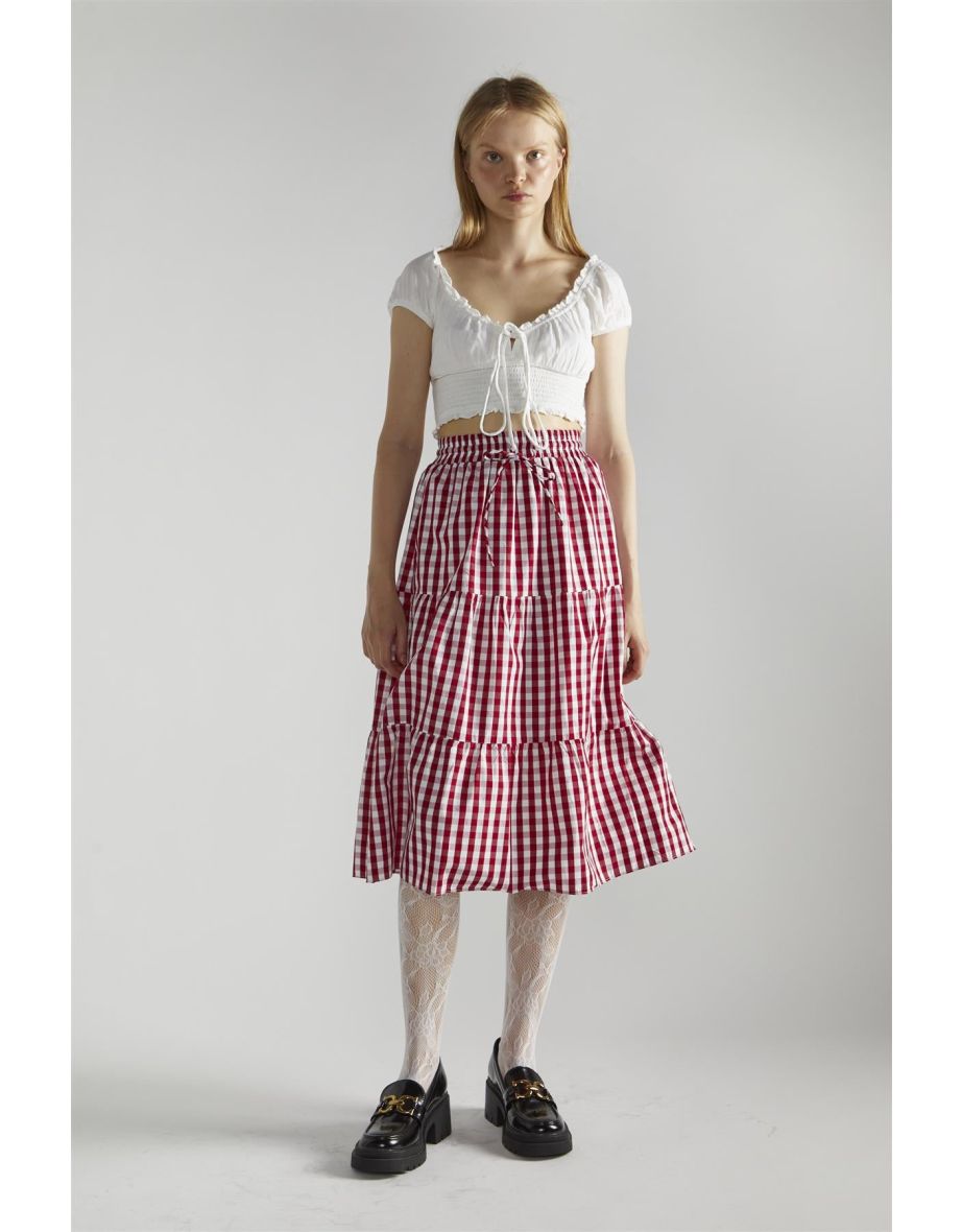 Cherry Red Gingham Pleated Midi-Skirt