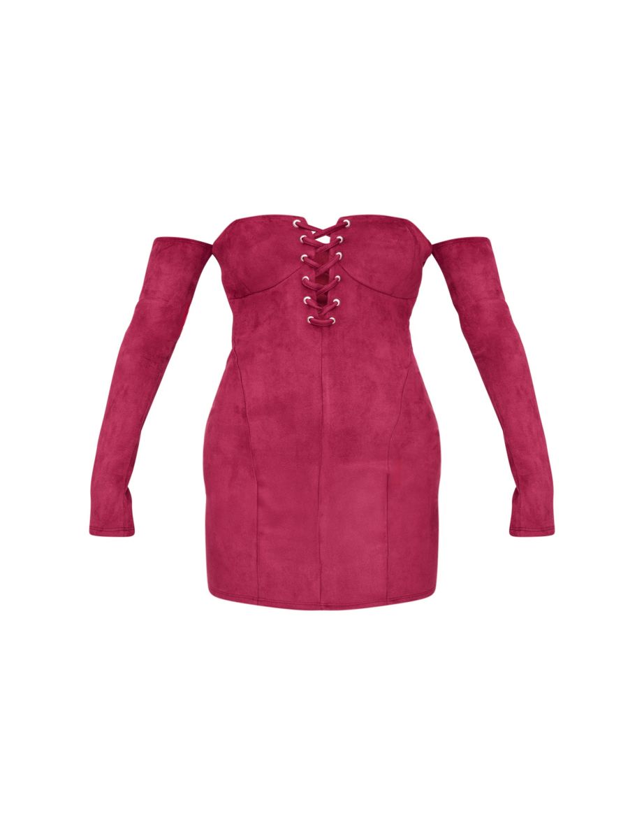 Burgundy Faux Suede Lace Up Detail Bardot Bodycon Dress - 4
