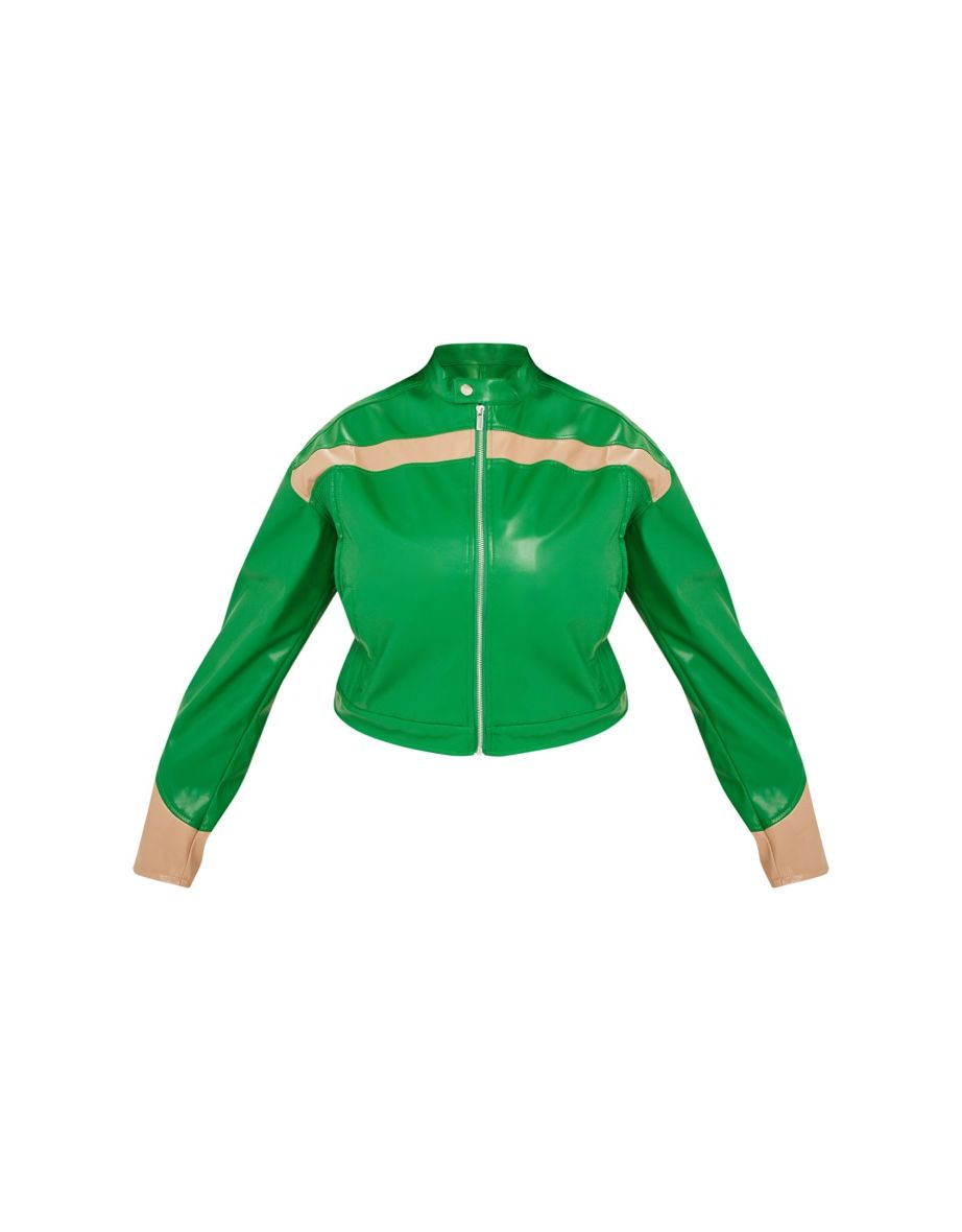 Plus Green Pu Racer Neck Pleated Detail Jacket - 4