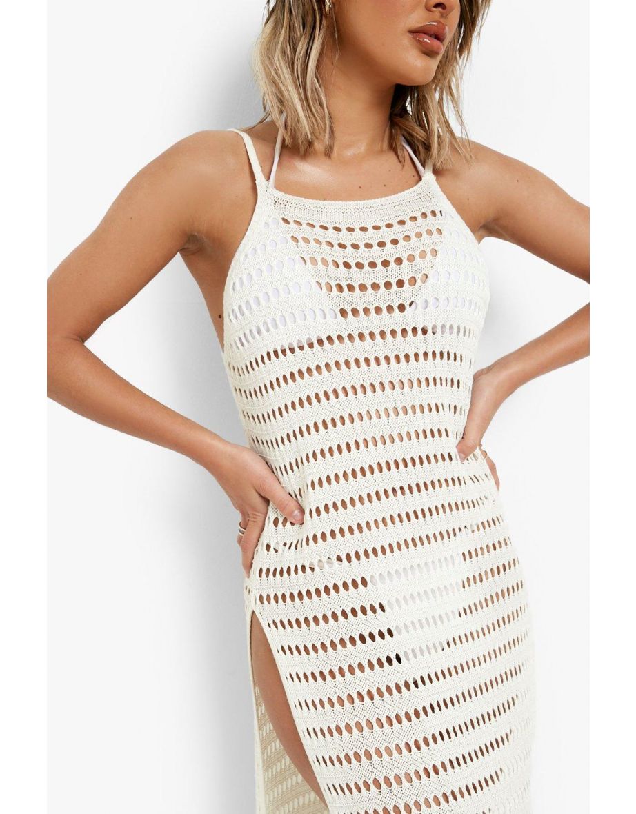 Crochet Split Sides Beach Maxi Dress - off white - 3