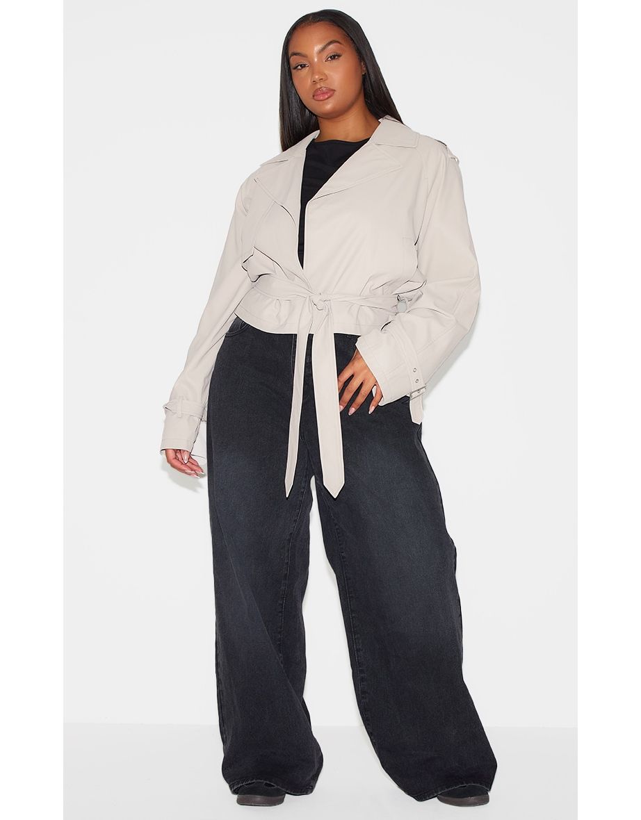 Plus Beige Rubberised Loose Fit Cropped Trench Coat